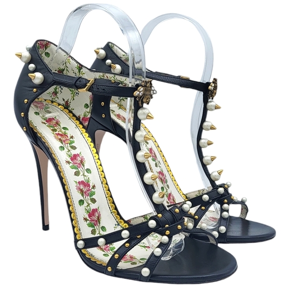 Gucci Regina Pearl Studded Strappy Sandals Black 40 - Picture 15 of 16